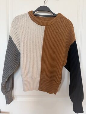 a new day Colorblock Rib-Knit Crewneck Sweater in Cream, Camel, Gray & Black